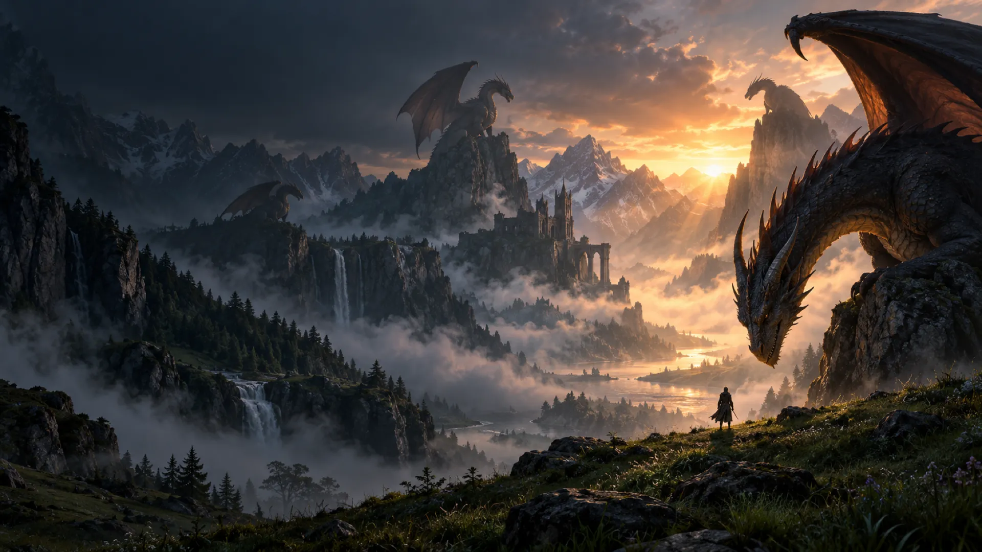 Dragons watching a lone cadet in a misty valley at dawn